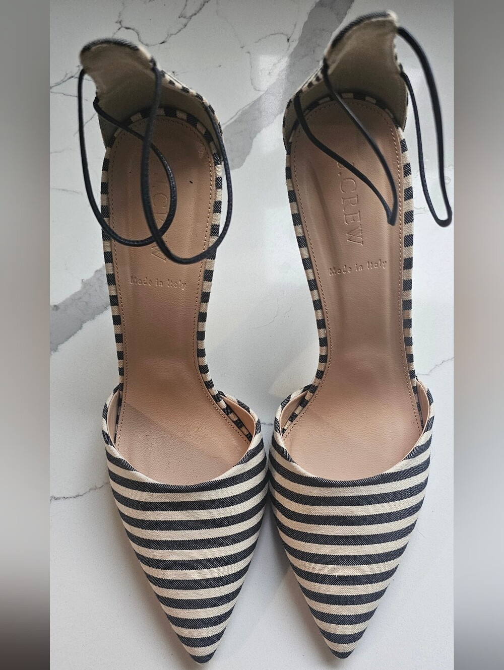 J.Crew Striped Canvas Ankle-Wrap Heels, Size 9.5J.Crew pointed-toe d'Orsay heel